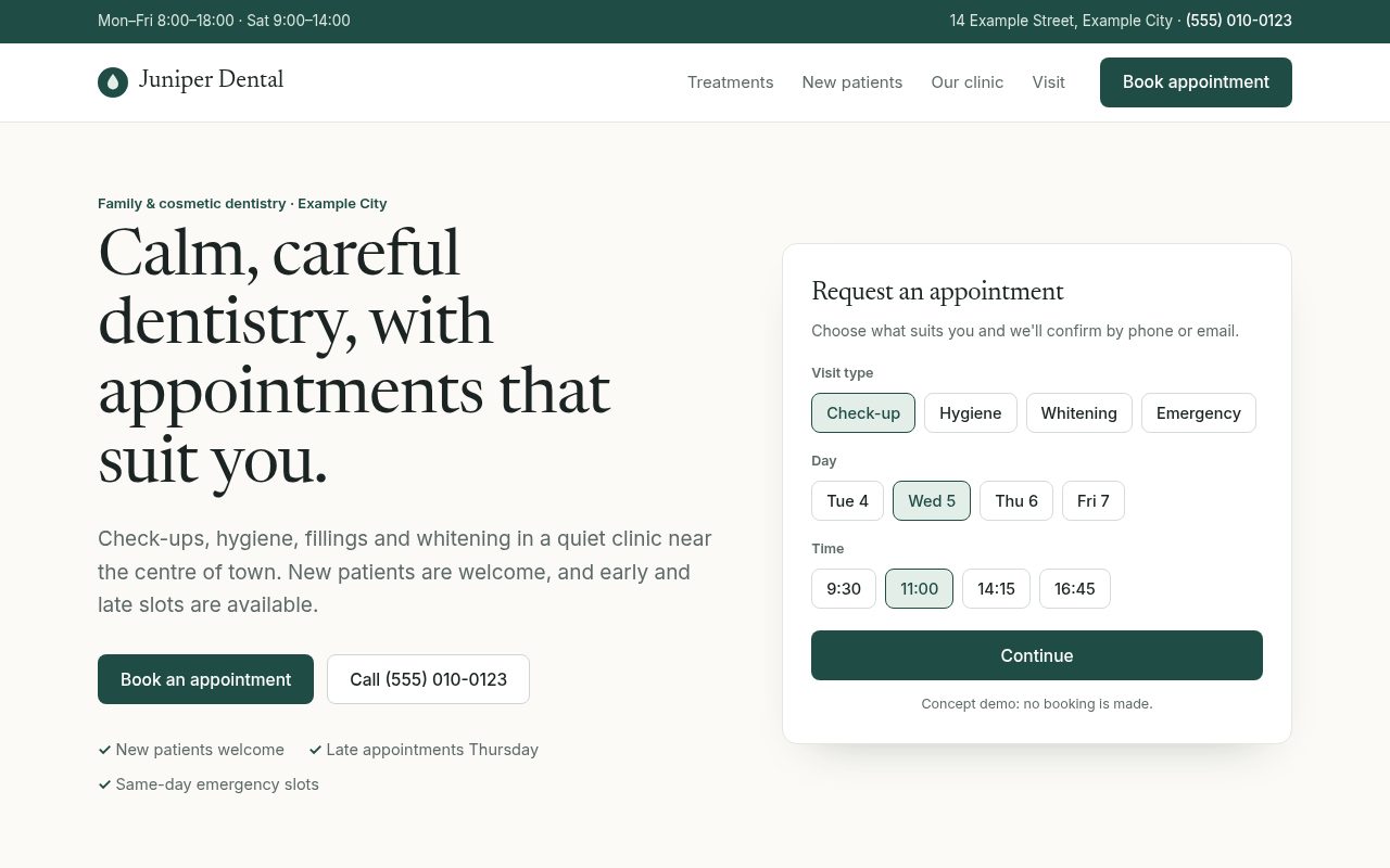 After: a clean redesign with a clear headline, an appointment booking panel and calm typography