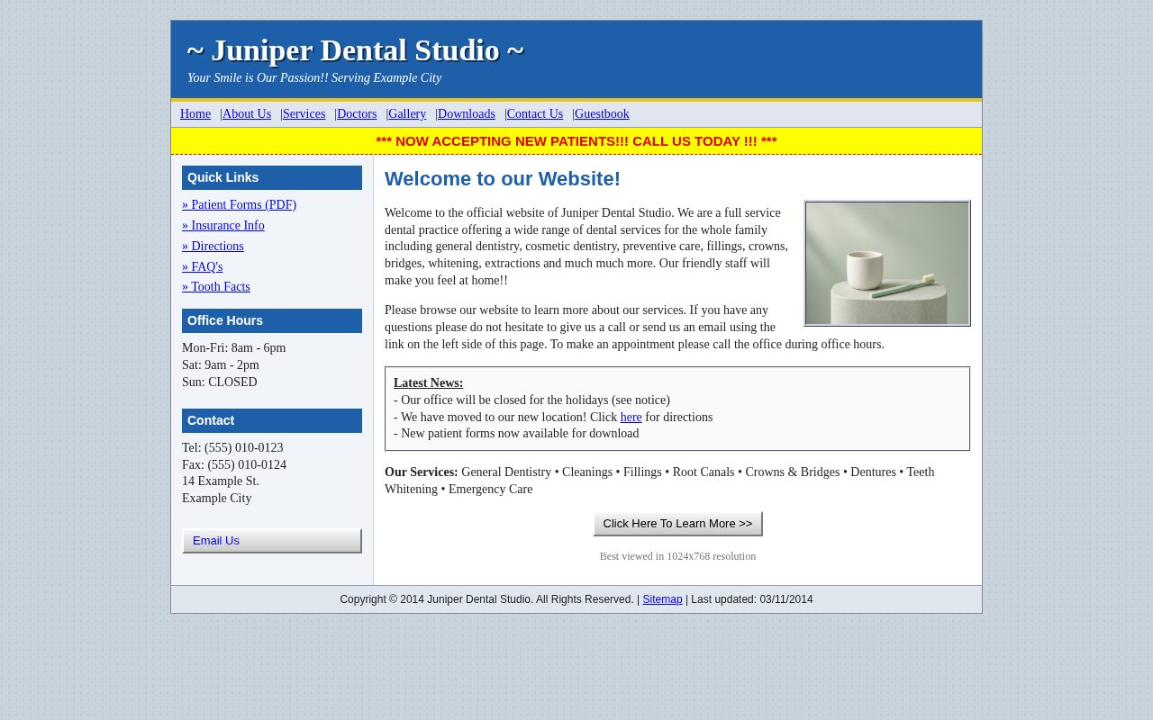 Before: a dated clinic website with cramped text, a tiled background and small photos