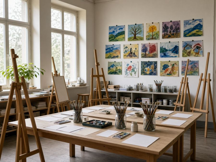 Art room with easels and paintings