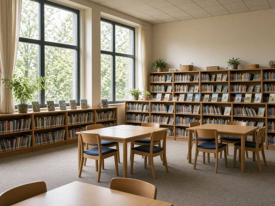 Library with low bookshelves and reading tables
