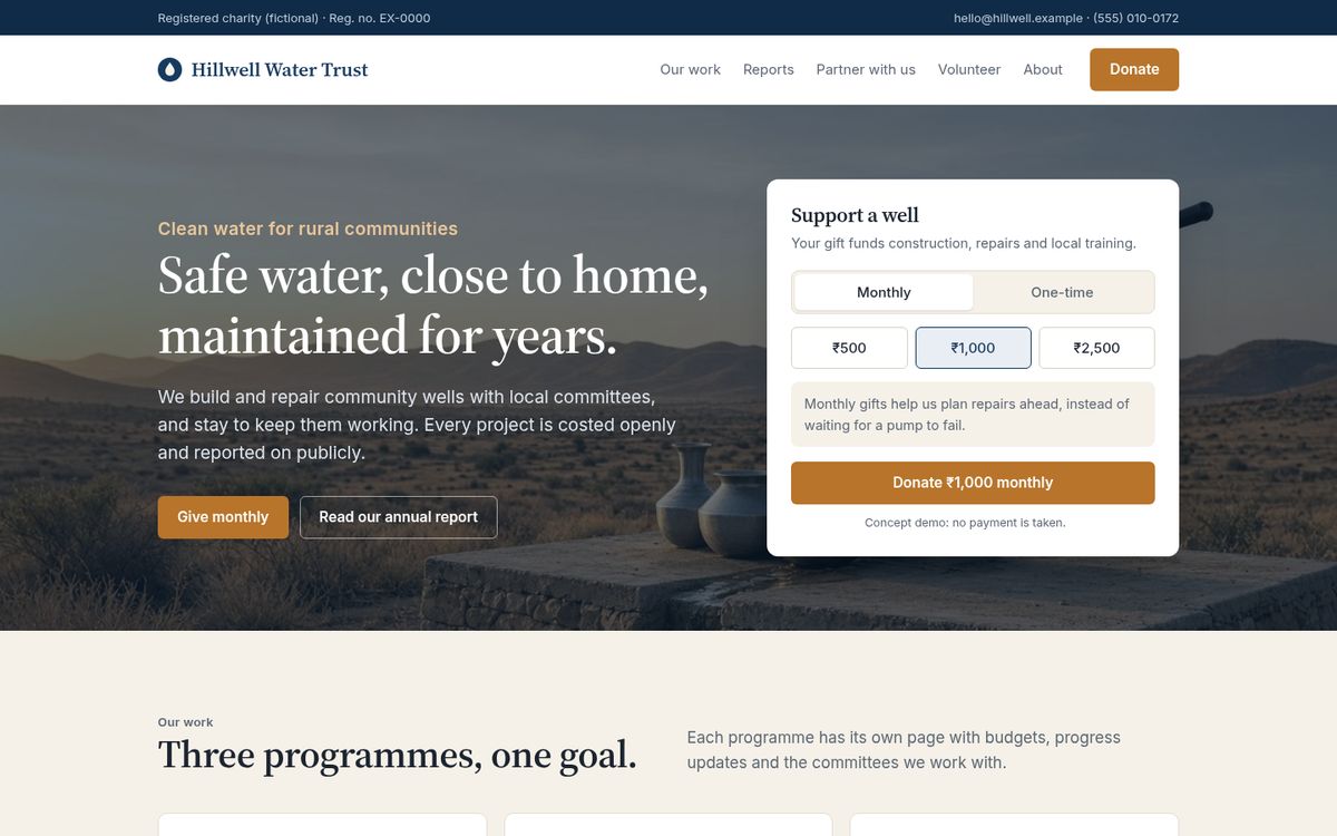 Concept website for Hillwell Water Trust, a fictional organisation