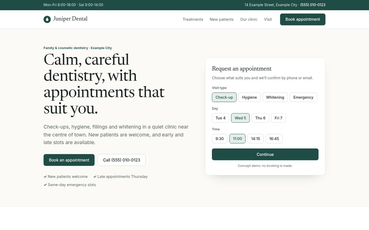 Concept website for Juniper Dental Studio, a fictional organisation