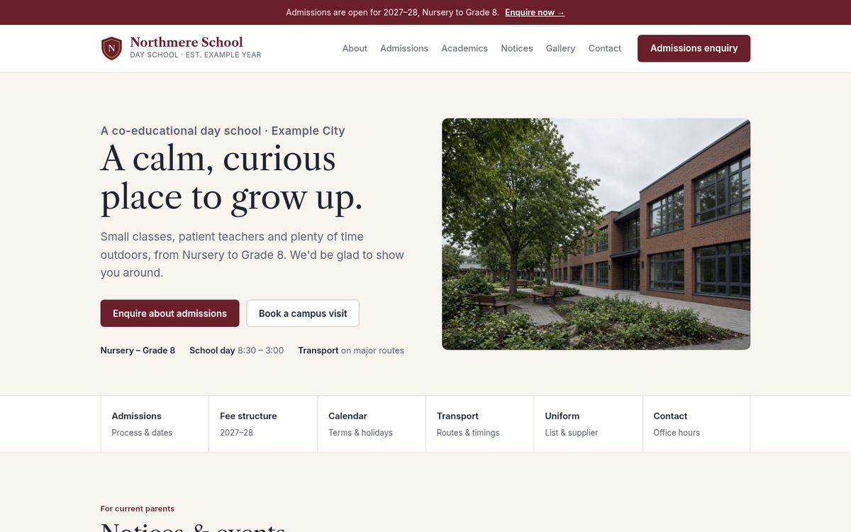 Concept website for Northmere School, a fictional organisation